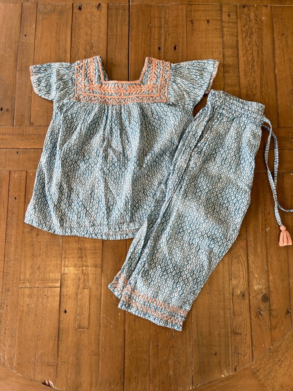 Baby cottons blue geometric embroidered Bohemia top and pants set kids 3